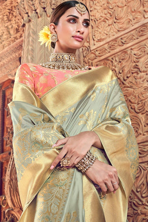 Pistachio Green Woven Designer Banarasi Saree With Embroidered Silk Blouse