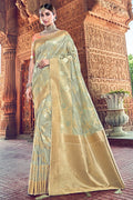 Pistachio green woven designer banarasi saree with embroidered silk blouse - Wedding sutra collection - Buy online on Karagiri - Free shipping to USA