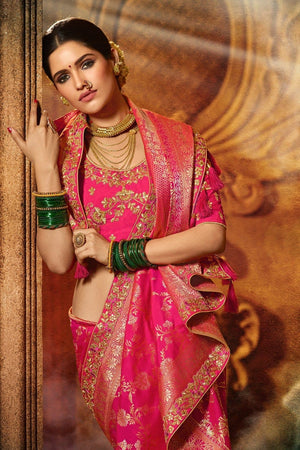 Pretty Pink Designer Banarasi Saree With Embroidered Silk Blouse
