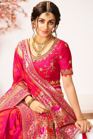 Pretty Pink Woven Designer Banarasi Saree With Embroidered Silk Blouse