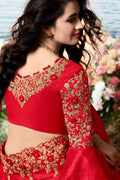 Red hot designer embroidered saree with embroidered blouse - Wedding Wardrobe collection - Buy online on Karagiri - Free shipping to USA
