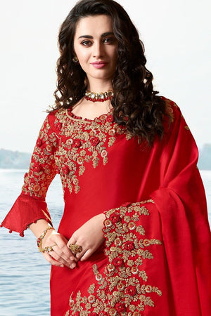 Red Hot Designer Embroidered Saree With Embroidered Blouse - Wedding Wardrobe Collection