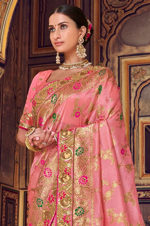 Rose Pink Woven Designer Banarasi Saree With Embroidered Silk Blouse
