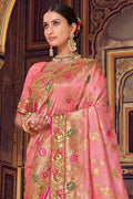 Rose pink woven designer banarasi saree with embroidered silk blouse - Wedding sutra collection - Buy online on Karagiri - Free shipping to USA