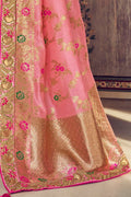 Rose pink woven designer banarasi saree with embroidered silk blouse - Wedding sutra collection - Buy online on Karagiri - Free shipping to USA