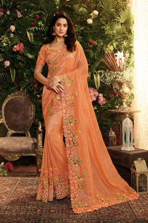 Royal Orange Designer Embroidered Saree