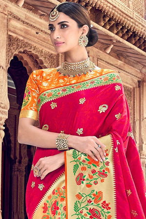 Ruby Pink Woven Designer Banarasi Saree With Embroidered Silk Blouse