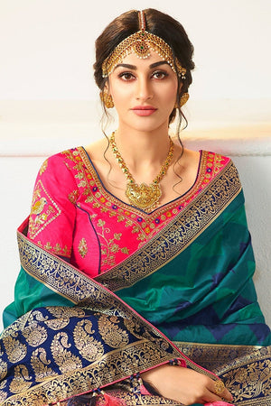 Shades Of Blue Woven Designer Banarasi Saree With Embroidered Silk Blouse