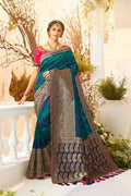 Shades of blue woven designer banarasi saree with embroidered silk blouse - Wedding sutra collection - Buy online on Karagiri - Free shipping to USA