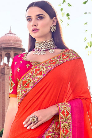 Shades Of Coral Pink Woven Designer Banarasi Saree With Embroidered Silk Blouse
