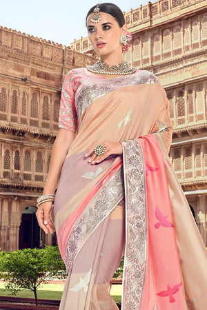 Shades Of Creamy Pink Woven Designer Banarasi Saree With Brocade Blouse