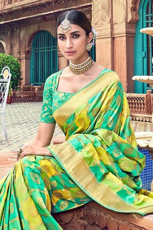 Shades Of Green Woven Designer Banarasi Saree With Embroidered Silk Blouse