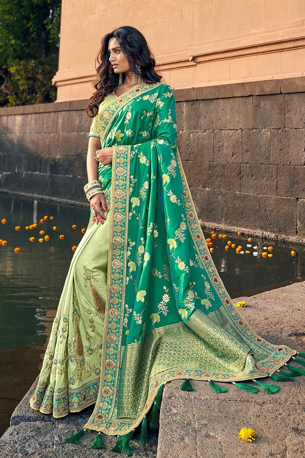 Shades of green woven designer banarasi saree with embroidered silk blouse - Wedding sutra collection - Buy online on Karagiri - Free shipping to USA