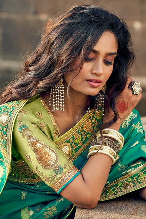 Shades Of Green Woven Designer Banarasi Saree With Embroidered Silk Blouse