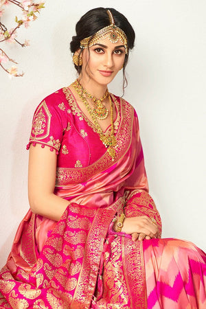 Shades Of Pink Woven Designer Banarasi Saree With Embroidered Silk Blouse