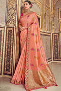 Soap orange woven designer banarasi saree with embroidered silk blouse - Wedding sutra collection - Buy online on Karagiri - Free shipping to USA