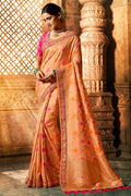 Soft orange peach designer banarasi saree with embroidered silk blouse - Wedding sutra collection - Buy online on Karagiri - Free shipping to USA