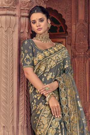 Stormy Grey Woven Designer Banarasi Saree With Embroidered Silk Blouse