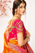 Sunrise orange woven designer banarasi saree with embroidered silk blouse - Wedding sutra collection - Buy online on Karagiri - Free shipping to USA