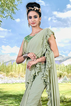 Tea Green Designer Saree With Designer Embroidered Blouse - Wedding Wardrobe Collection