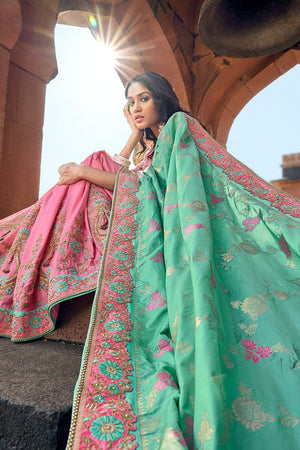 Water Melon Pink,Mint Green Woven Designer Banarasi Saree With Embroidered Silk Blouse