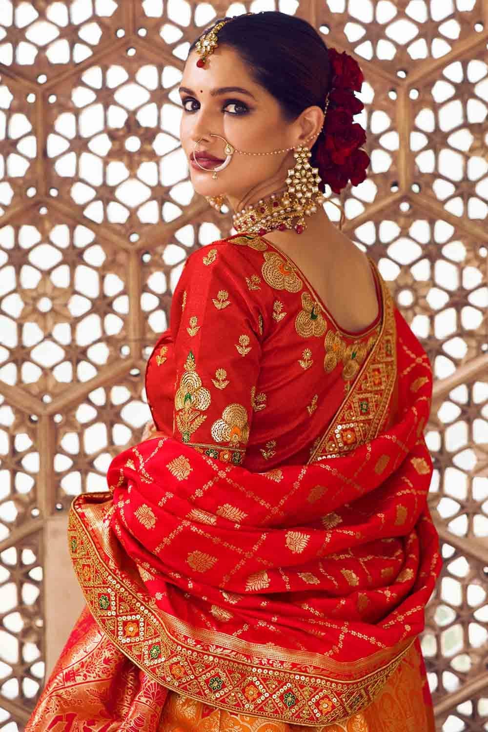 Latest Banarasi SIlk Saree Design Olive Green with Red Blouse