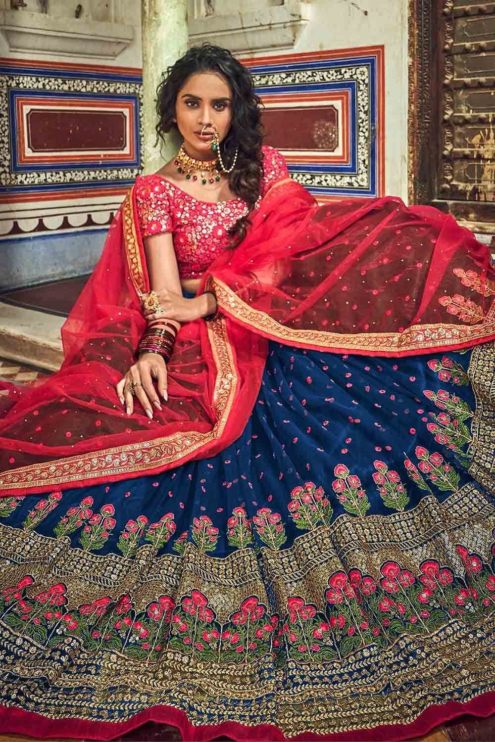 Buy Green & Blue Lehenga Choli for Women With Pink Dupatta Indian Online in  India - Etsy