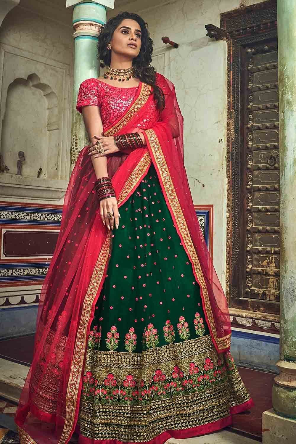 Bottle-Green with Beautiful Floral Print Lehenga Choli With Heavy Sequins  Work Red Dupatta | Exotic India Art