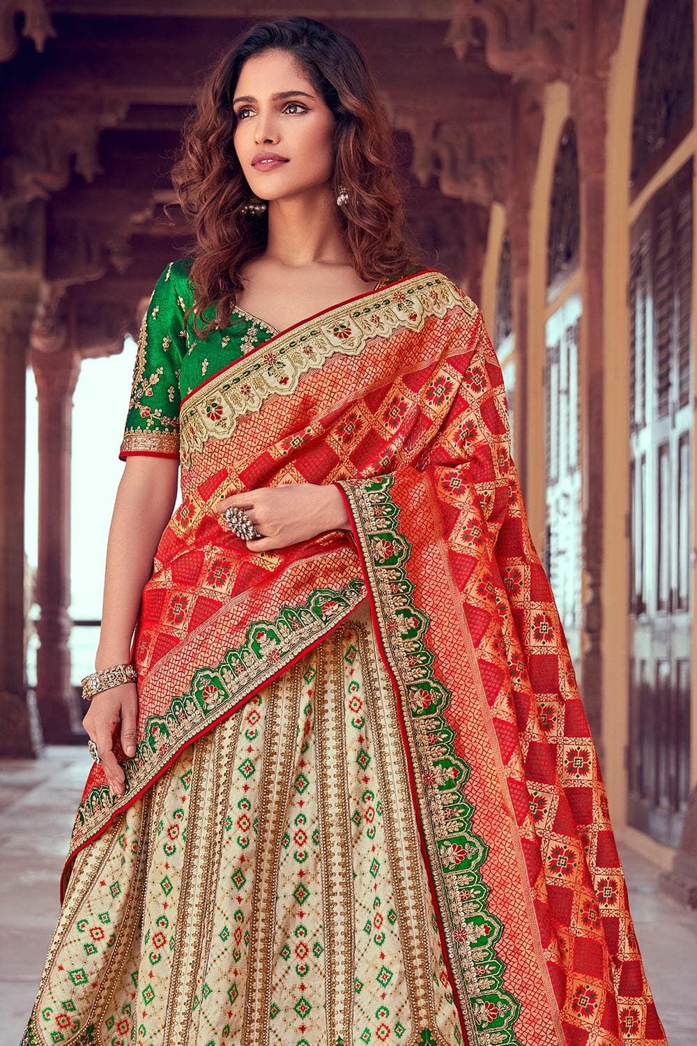 Beige and Gold Bridal Trail Lehenga in Exclusive Zardozi Design –  ranasbykshitija