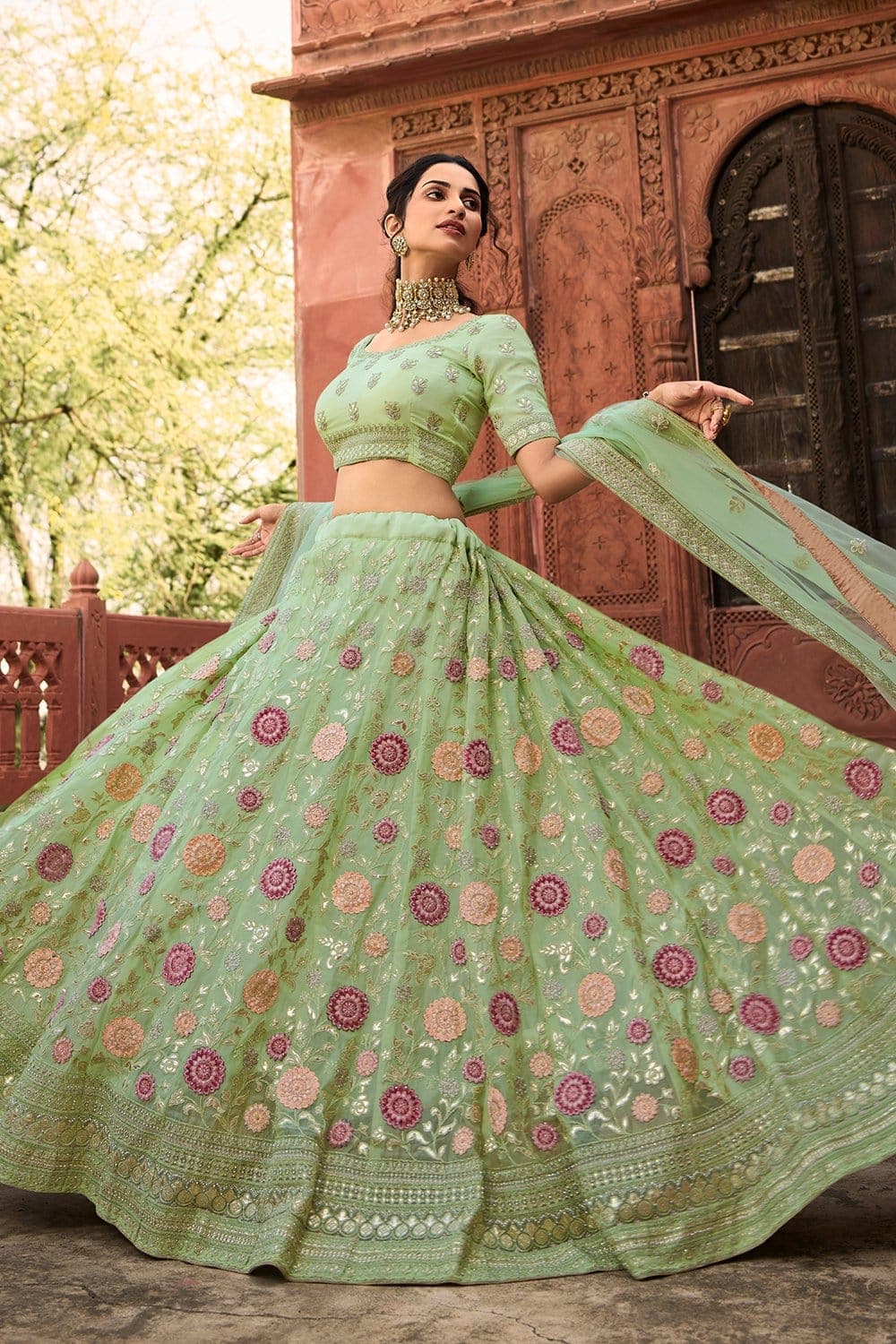 Embroidered Party Lehenga Choli in Pista green Georgette - LC4153