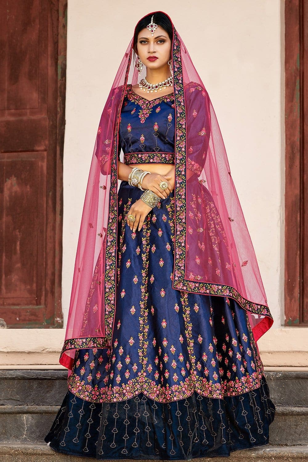 navy blue lehenga choli in pearl and zardoshi work with designer dupatta |  Shreeman