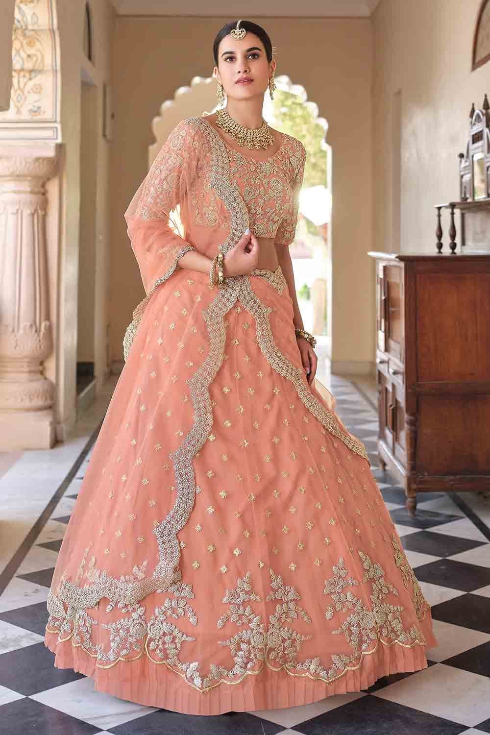Peach Net Wedding Designer Lehenga Choli with Dupatta