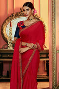 Designer Saree Crimson Red Designer Satin Silk Saree saree online
