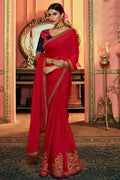 Designer Saree Crimson Red Designer Satin Silk Saree saree online