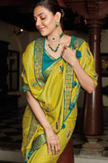 Saree Gorgeous Bright Yellow Green Designer Saree With Embroidery. saree online