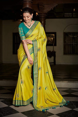 Gorgeous Bright Yellow Green Designer Saree With Embroidery.