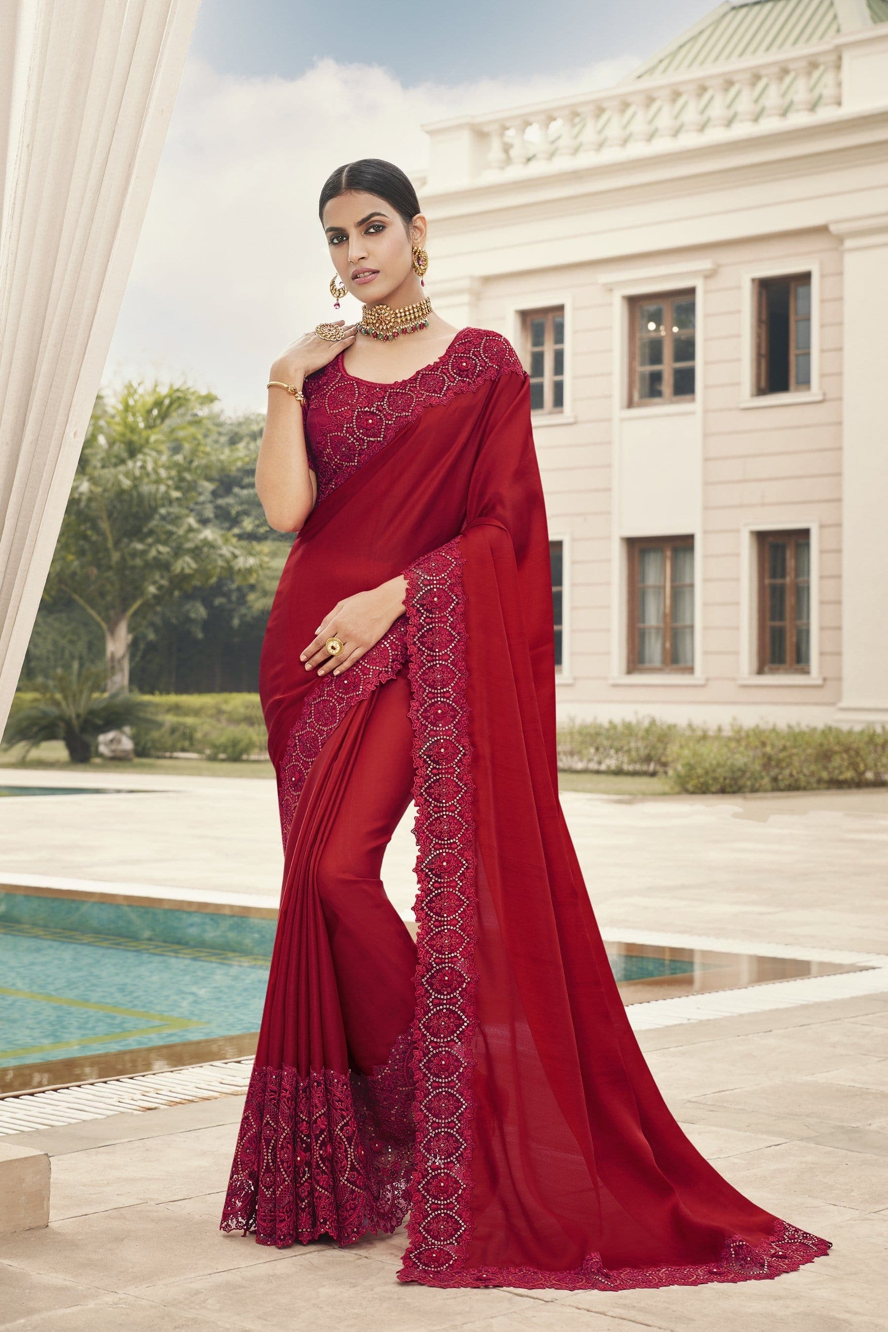 Rose Red Digital Net With Sequence & Heavy Work Designer Saree – Rushini
