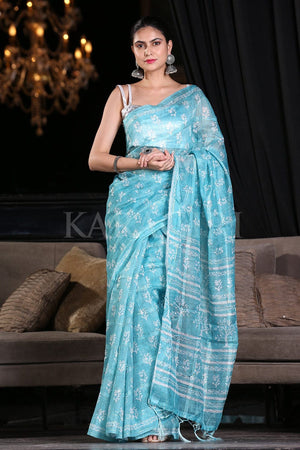 Aqua Blue Digital Printed Saree