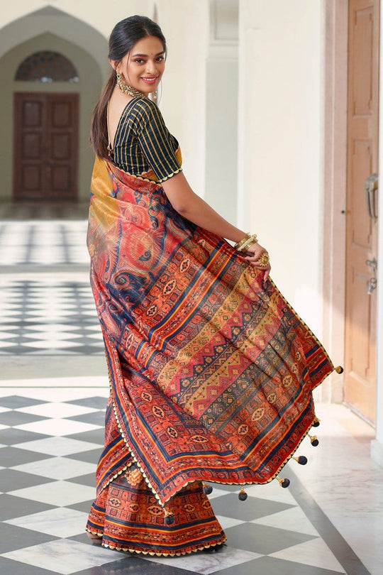 Digital Print Saree Blue Orange Digital Printed Saree saree online