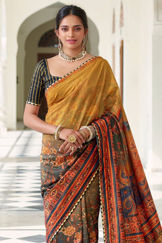 Digital Print Saree Blue Orange Digital Printed Saree saree online