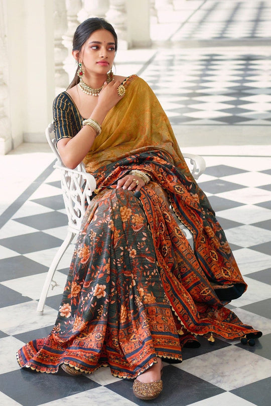 Digital Print Saree Blue Orange Digital Printed Saree saree online