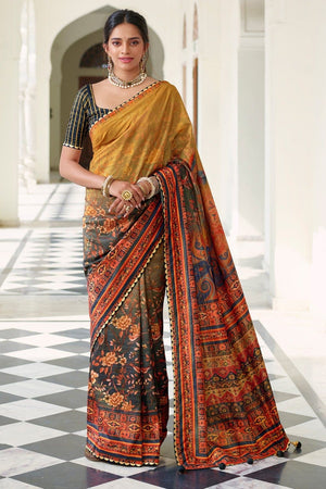 Blue Orange Digital Printed Saree
