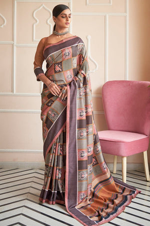 Brown Grey Digital Print Saree