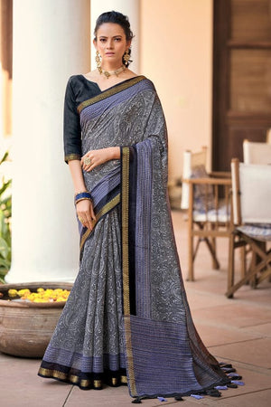 Charcoal Grey Digital Print Saree