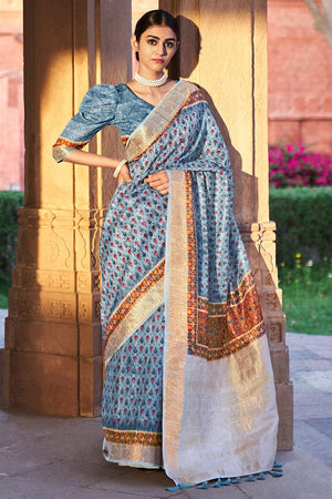 Cornflower Blue Digital Print Saree