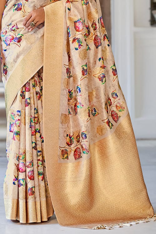 printed saree online, cream colour saree