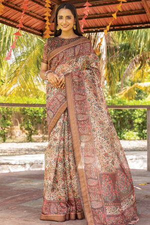 Cream Digital Print Saree