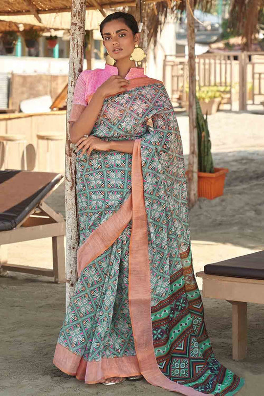 Digital Print Saree Cyan Blue Digital Print Saree saree online