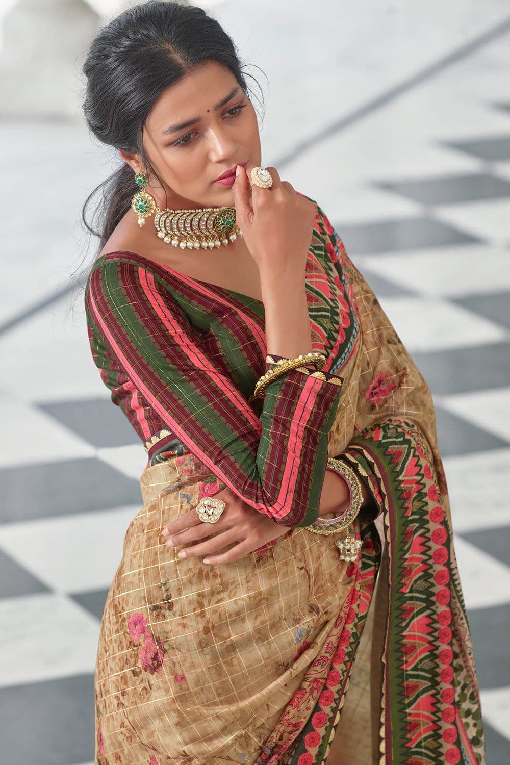 GACHHI 60 GRAM CHIFFON JARI JARI PRINT FULL LACE SAREE WITH JARI WORK