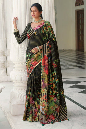 Dark Black Digital Printed Saree